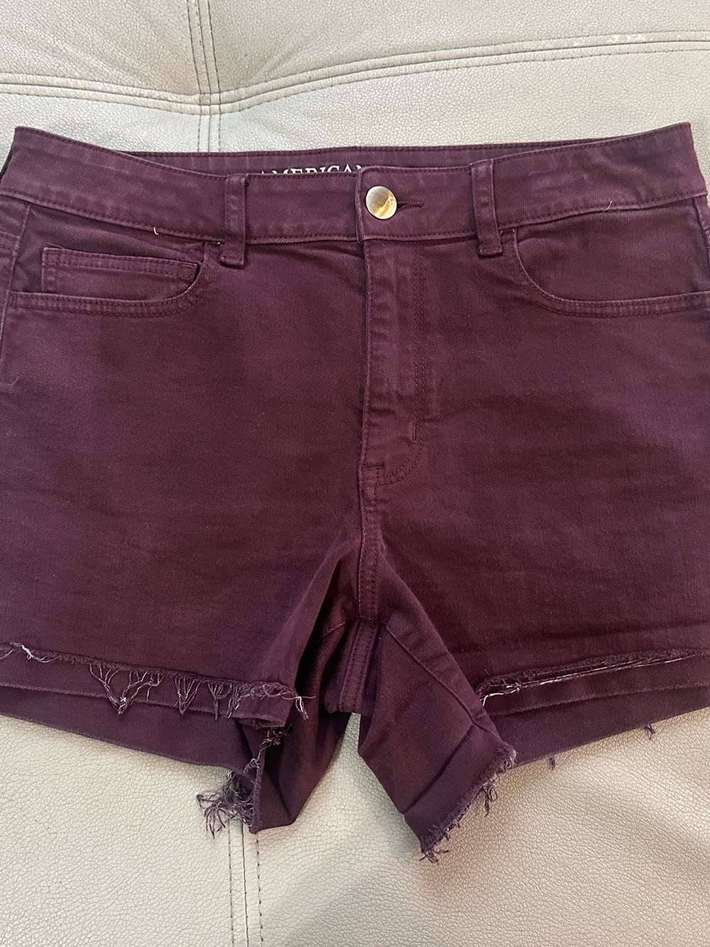 American Eagle Outfitters Maroon Frayed Hem Denim Shorts